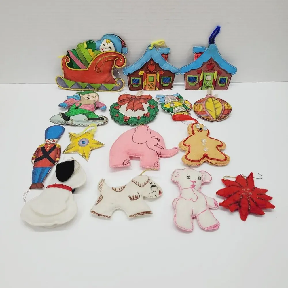 Handmade Sewn Painted Christmas Stitched Stuffed Fabric Ornaments Vtg Lot of 15